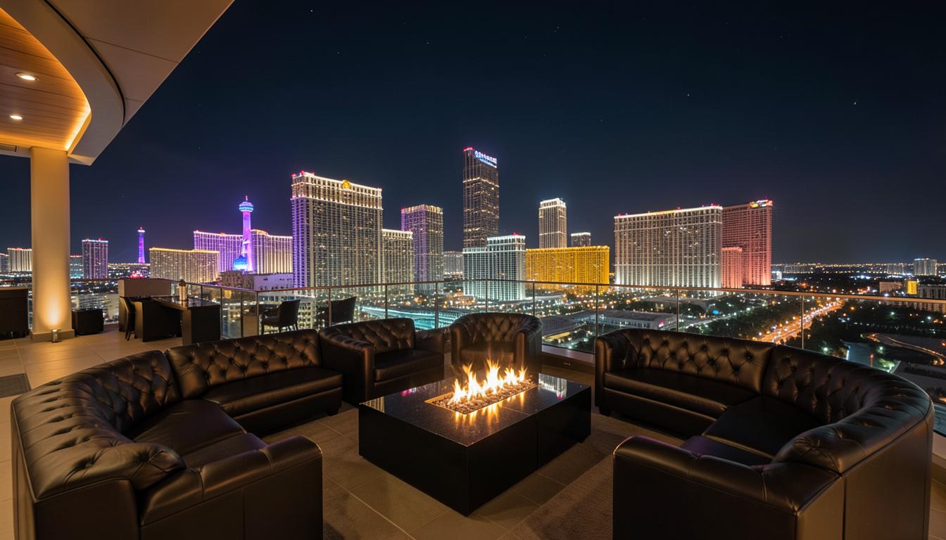 Panoramic Las Vegas neon views and late-night corridor access