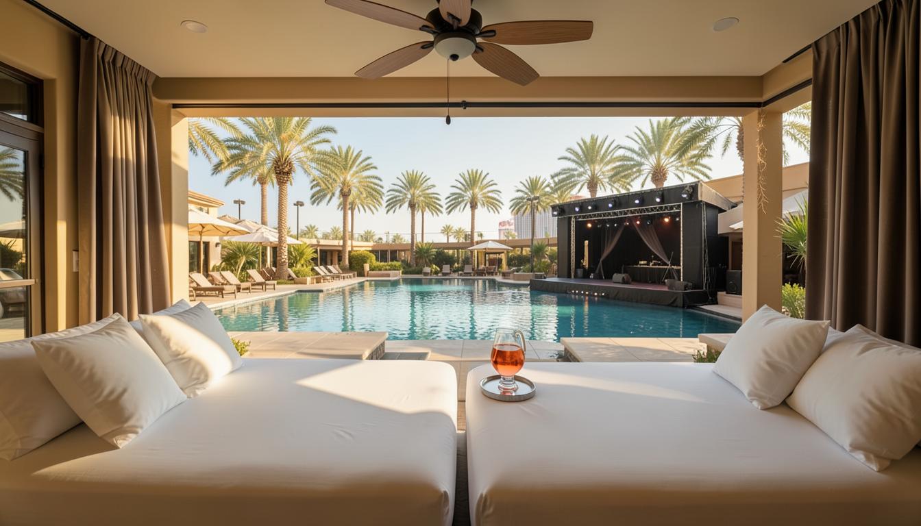 West-Edge Elevated Poolside Daybed (Insider Sweet Spot) — Shaded afternoon loungers & direct pool-stage sightline