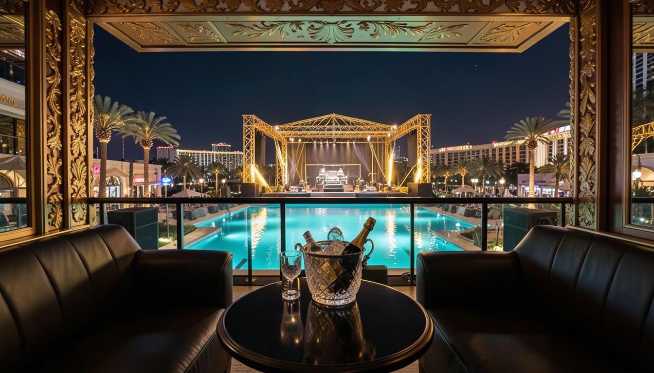 Golden-hour transition into illuminated evening poolside sets